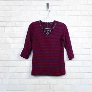 J. Crew Striped Burgundy/ Navy Necklace Tee
